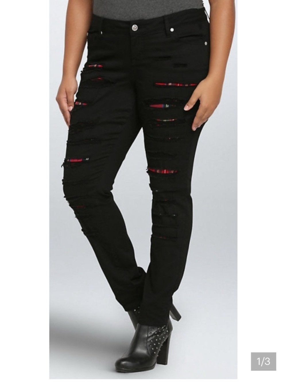 torrid Black Distressed Skinny Jeans with Red Plaid Underlay